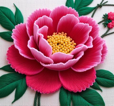 모란꽃을 주제로 한 섬세한 전통 자수 작품의 클로즈업.
