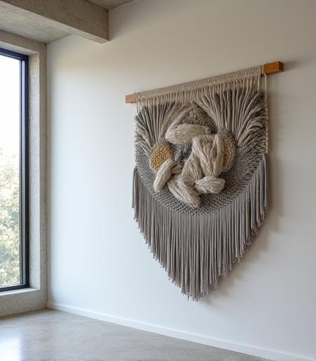 현대적인 공간에 걸린 대형 직조 예술 작품