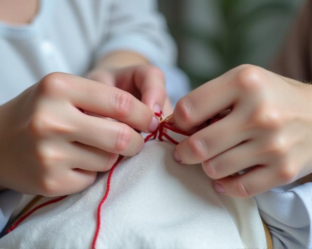강사가 참가자에게 자수 기술을 개별적으로 지도하는 클로즈업 장면.