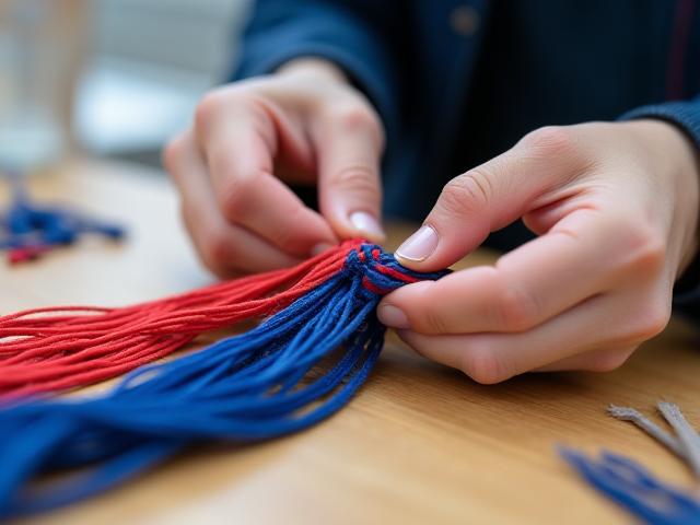 따뜻한 톤의 실을 이용하여 뜨개질을 배우는 참가자의 손 클로즈업.