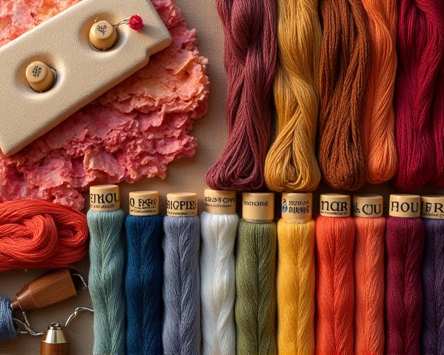 다양한 전통 실타래와 재료들이 따뜻한 햇빛 아래 정리되어 있는 모습.