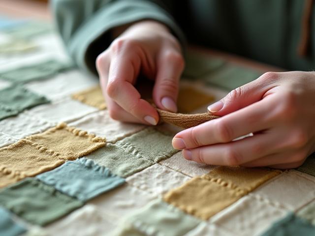 조각보를 만들고 있는 참가자들의 모습. 전통적인 한국 천 조각을 사용합니다.